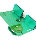 Rock Solid Aluminum Router Table Lift With Smooth Zero Play Crank Handle For Tight 51mm Height Adjustment Durable Table Insert Plate Made For Tough Shop Jobs And Bench Top Trim Routers, green aluminum router lift shown from top view.