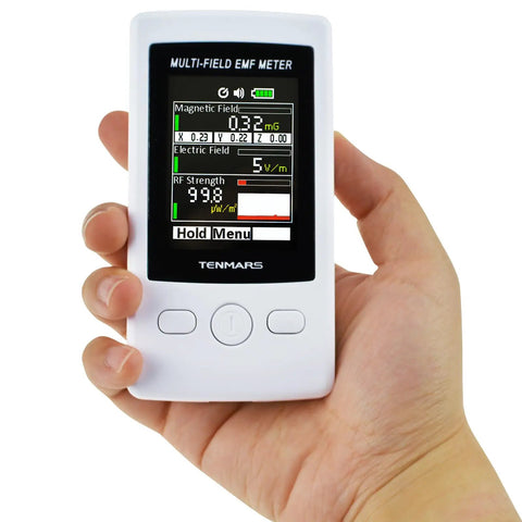 Hand holding Pocket EMF Meter With Multi Field Readout Up To 2000mG ELF RF Gauss Meter Electric Field And Electromagnetic Field Strength Tester 4 Digit LCD With Green Warning Indicator Portable And Handy