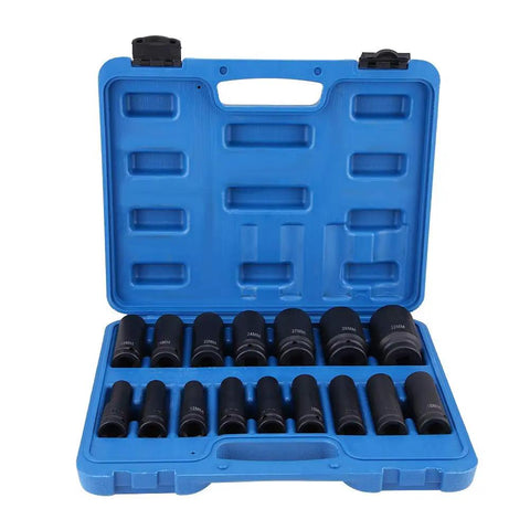Heavy Duty 16 Piece 1/2 Inch Drive Hex Bit Socket Set Range From 10mm To 32mm, Premium CrMo Steel Heat Treated Air Impact Repair Tool Kit For Auto Maintenance And Hard Hitting Jobs in blue case