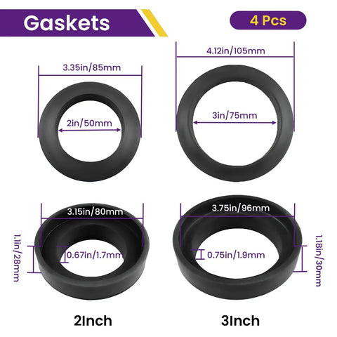 Universal Toilet Tank To Bowl Gasket Kit With Stainless Steel Bolts And Two Gasket Types, Fits 2 Inch And 3 Inch Seals, black rubber gaskets shown with 2in and 3in sizes
