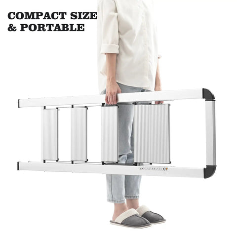 Compact-size foldable Lightweight Aluminum 4 Step Ladder With Non Slip Pedals And Built In Handrail Foldable Space Saving Step Stool For Kitchen Garage And Home Durable Portable Rust Proof Design For Safer Reaches, carried by person
