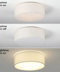 Three Light Drum Ceiling Light Fixture With Linen Fabric Shade Modern Farmhouse Flush Mount Round Lighting, daytime and nighttime views.