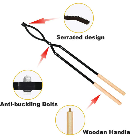 42 Inch Fire Tongs And Fire Poker Set Beefy Heavy Duty Detachable Log Grabbers with serrated design and wooden handles