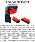 Front view: three-piece replacement brush set for Bissell Little Green Machine 1400B with red bristle heads.