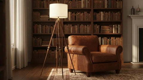 Vintage Tripod Floor Lamp With Nautical Vibe And Dope Rustic Industrial Finish In Steel Aluminum And Brown Wood Antique Brass Accent Shade Not Included next to leather armchair in library.