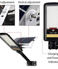 JUDYSSY 80W Led Solar Street Lights Outdoor showing level and vertical adjustment features, solar panel and power indicator.