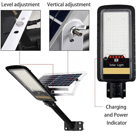 JUDYSSY 80W Led Solar Street Lights Outdoor showing level and vertical adjustment features, solar panel and power indicator.