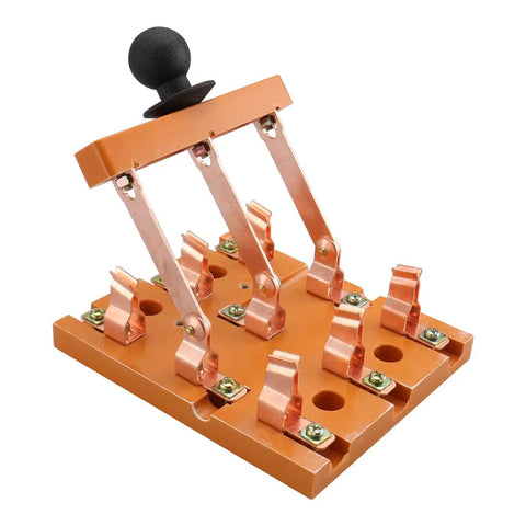 Heavy Duty 380V 100A 3 Pole Double Throw Electric Knife Switch Featuring Beefy Copper Contacts, top view showing copper contacts and handle.