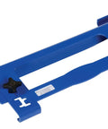 Vestil Adjustable Pallet Jockey For Walkie Trucks 4000 Lb Capacity with blue steel body and two black knobs for length adjustment.