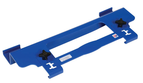Vestil Adjustable Pallet Jockey For Walkie Trucks 4000 Lb Capacity with blue steel body and two black knobs for length adjustment.