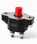 Heavy Duty 50 Amp Push Button Circuit Breaker Direct Drop In Replacement For Volvo Penta Mercruiser And Sierra Marine Systems. Close-up view.
