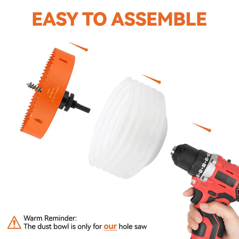 Assembly of 6-1/8 Inch Bi-Metal Hole Saw Kit For Recessed LED Lights With Dust Bowl Catcher, drill and accessories.