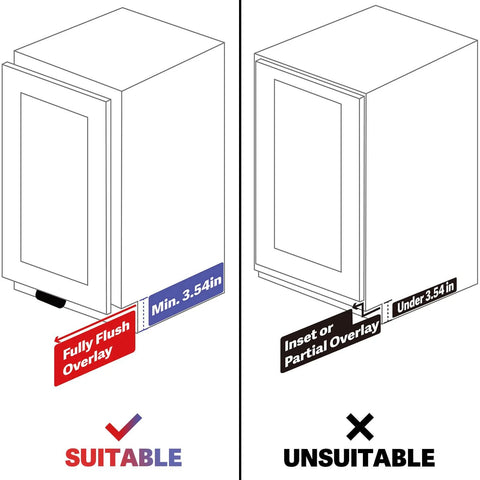 Diagram showing suitable and unsuitable cabinet types for 1 Pack Under Cabinet Foot Pull Opener 4 Inch Matte Black Hands Free Toe Pull With Adhesive And Screws For Kitchen Cabinets And Drawers Not For Recessed Or Inset Doors.