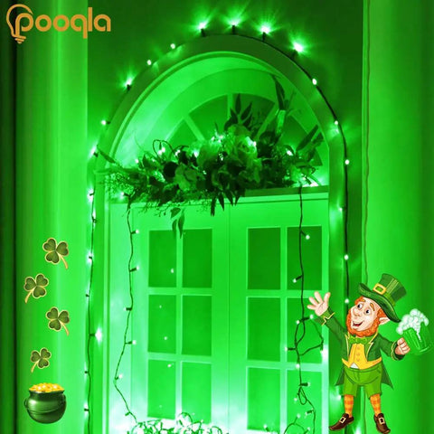 Green String Lights With 200 LEDs 66 Ft Indoor Outdoor Fairy Lights decorate a window arch in a festive setting.