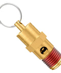 Brass 1/4-in NPT safety valve with 150 PSI relief, red-threaded end, on a key ring (1 pack)
