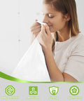 Person smelling trash bag with icons for odor control, multiuse, strength, and scent-free features.