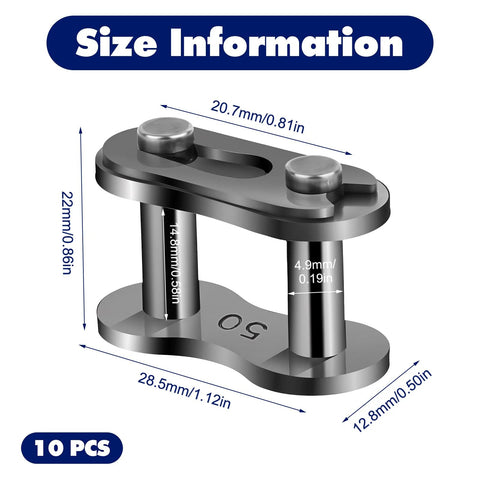 Close-up of Ten Pieces Size 50 Roller Chain Connecting Links Master Connector Link with dimensions and size information, ANSI compatible.