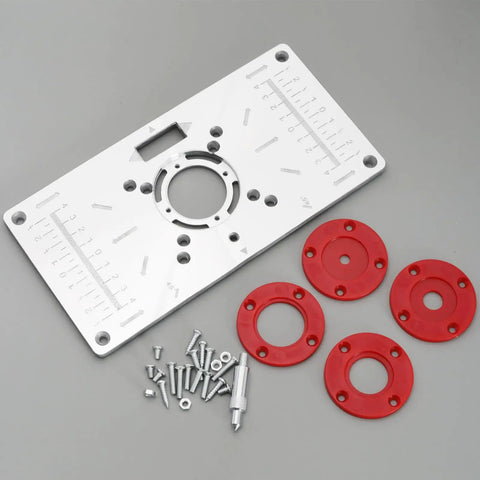 Pro Grade Heavy Gauge Aluminum Router Table Insert Plate With Four Quick Swap Rings and Secure Mount Screws for Woodworking Trim Machines