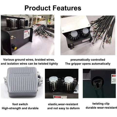 Heavy Duty Auto Wire Twisting Machine For Cable Splitting And Stripping shows foot switch, gripping mechanism, and wire types for easy twisting.