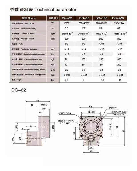 DG130 Heavy Duty Planetary Gear Reducer Rotary Actuator technical specifications and dimensions diagram.