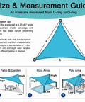 Size and measurement guide for Turquoise 32 By 32 Foot Shade Sail Canopy showing setup angles for patio, pool, and play areas.