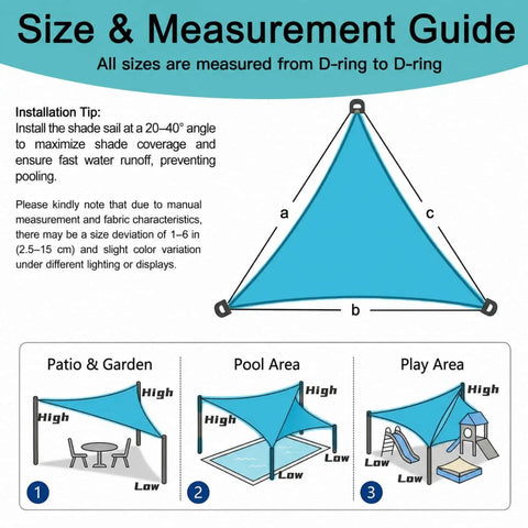 Size and measurement guide for Turquoise 32 By 32 Foot Shade Sail Canopy showing setup angles for patio, pool, and play areas.