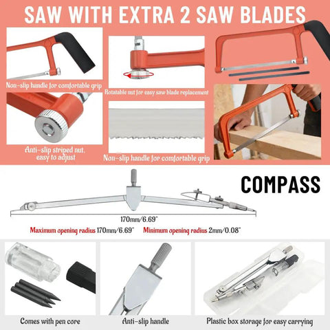 Saw with extra 2 blades for safe handling, featuring non-slip handle and compass with anti-slip handle, part of 80 Piece Model Tools Kit for Gundam Cars Airplanes And Buildings Complete Hobby Building Tools Set For Model Makers Beginners And Pros Includes Diagonal Pliers And Safe Handling.