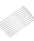 Set of 10 extra long stainless steel barbecue skewers with V shape for nonstick grillin, shown with ring handles on a white background.