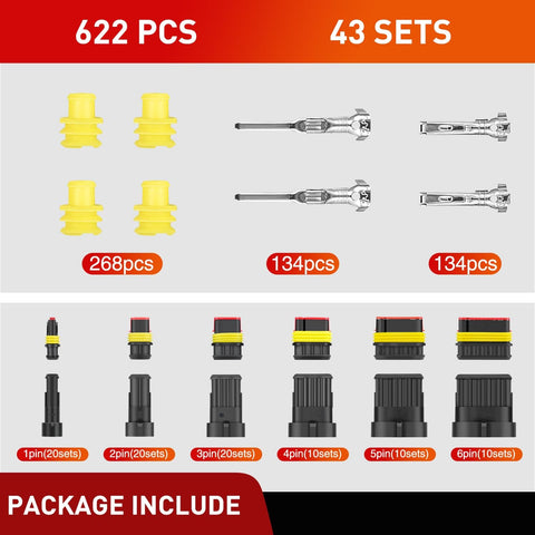 Extensive 1 2 3 4 5 6 Pin Electrical Connector Set showing 622 pieces, including waterproof plugs and terminals.