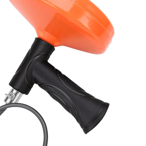 Heavy Duty Toilet Snake Auger For Sweeping Away Tough Pipe Clogs And Sink Gunk Featuring A Rugged Non Slip Grip Handle close-up.