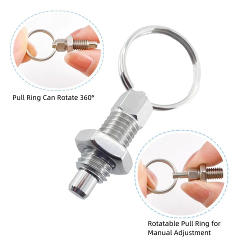 Four Pack Heavy Duty M12 Stainless Steel Spring Plunger With Pull Ring, Slick Quick Release Manual Pin for shop rig use.