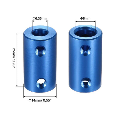 Beefy Rigid Shaft Coupling With Set Screws Quarter Inch To 8mm Bore Aluminum Alloy 25mm Length 14mm Outer Diameter M4 Screws on blue coupling