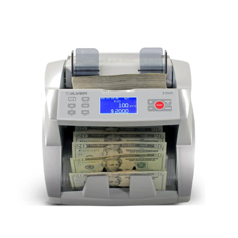 Front view of Workhorse Cash Counter With Counterfeit Detection UV MG IR DD DBL HLF CHN displaying counted bills and digital screen