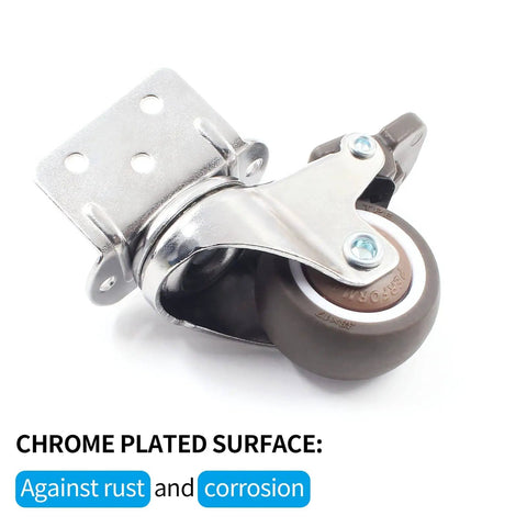 Single L-shaped swivel caster with brake, chrome-plated metal housing, TPE rubber wheel; 4 Pack 1.5 Inch L Shaped Swivel Casters With Brakes Quiet TPE Rubber Wheels Metal Housing Replacement Caster For Furniture Baby Beds Cabinets Carts And Tables 194 Lb Load Capacity