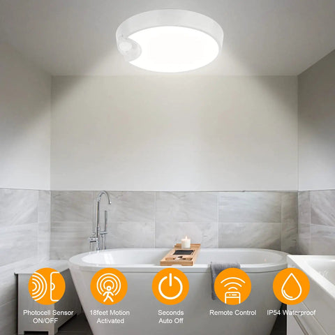 Installed 8000mAh Rechargeable Battery Ceiling Light With Motion Sensor in modern bathroom over bathtub, remote and features shown