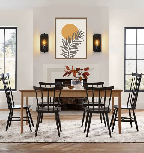 Dining room with Set Of 2 Farmhouse Rustic Wall Sconces With Seeded Glass Lampshades In Matte Black Industrial E26 Hardwired.
