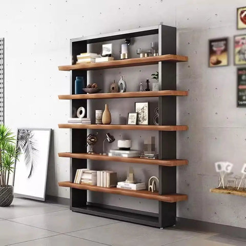 Rock Solid Industrial Bookshelf With Thick Solid Wood Shelves Five Tier Floor Standing Unit For Living Room Or Office Heavy Duty Metal Frame Storage Rack with decor items.