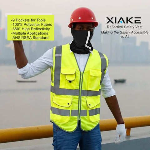 Straight Up Durable High Visibility Reflective Safety Vest With Nine Roomy Pouches Meets Ansi Isea Class 2 Standards For Night Shifts And Construction Jobs Comes In Flawless Neon Yellow Large with 9 pockets and reflective stripes.