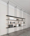 Sleek Black Four Tier Wall Mounted Storage Rack With Solid Aluminum Alloy Shelves For Living Room Decor Vintage Style Hanging Bookcase, showcasing elegant design and minimalistic decor.