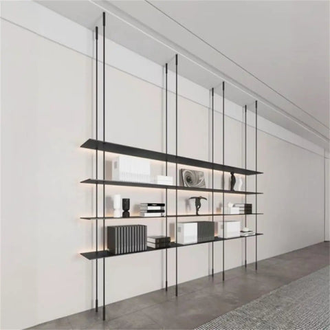 Sleek Black Four Tier Wall Mounted Storage Rack With Solid Aluminum Alloy Shelves For Living Room Decor Vintage Style Hanging Bookcase, showcasing elegant design and minimalistic decor.