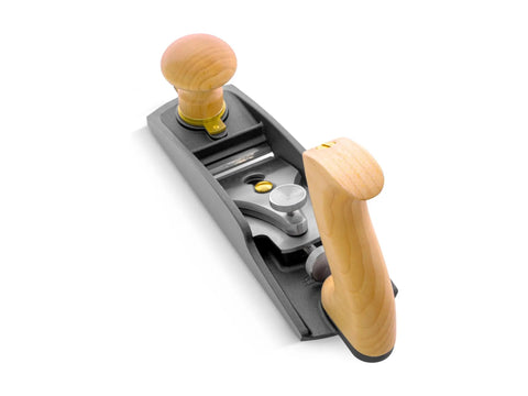 Low Angle Smoothing Plane Loaded With Extra Hhs Blades For Gnarly Figured Lumber, featuring wooden handles and adjustable blade.