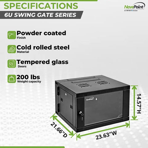 Built Tough 6U Server Cabinet With Locking Glass Door And Hinged Back, Heavy Duty Wall Mount Network Rack Pre Assembled With Dual Cooling Fans, 21 Inch Deep Gear Rig For Your Tech Setup