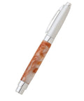 Presimo Style Fountain Pen Turning Kit With Brushed Satin Chrome Hardware For 10 Mm Woodturning, displaying a custom pen with a marbled orange and white body.