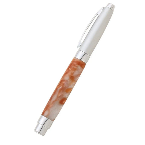 Presimo Style Fountain Pen Turning Kit With Brushed Satin Chrome Hardware For 10 Mm Woodturning, displaying a custom pen with a marbled orange and white body.