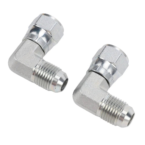Heavy Duty 3/8 Inch 90 Degree Hydraulic Adapter Fitting Carbon Steel Precision 37 Degree Flare Male Female Thread SAE J514 Compliant Rotating Connection For Pro Mechanics And Car Guys Seeking Reliable Leak Free Operation With Durable Metal Built Tough, two fittings