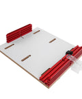 Heavy Duty Table Saw Crosscut Sled With Adjustable Aluminum Track Fence For Bullseye Alignment, featuring red aluminum tracks and a white base.