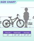Size chart for Girls 20 Inch Mountain Bike With Front Suspension For Ages 6 To 14 6 Speed Kids Bicycle Adjustable Seat Height.