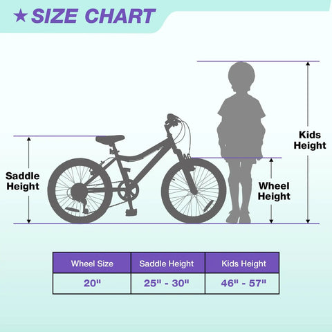 Size chart for Girls 20 Inch Mountain Bike With Front Suspension For Ages 6 To 14 6 Speed Kids Bicycle Adjustable Seat Height.