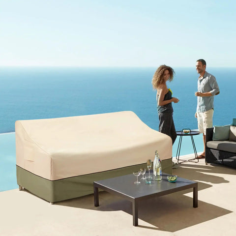 Waterproof Outdoor 3-Seater Sofa Cover Heavy Duty Protects Your Patio Furniture Up To 79W X 38D X 35H Inches With Durable Fabric All Weather Shield Easy Fit And Adjustable Straps For A Snug No Fuss Look on patio overlooking the ocean