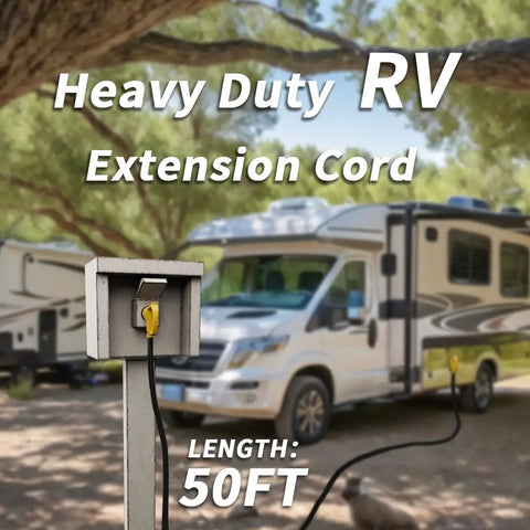 50 Foot 30 Amp RV Extension Cord With Grip Handle Beefy Heavy Duty 10 Gauge 3 Wire STW Waterproof Outdoor Power Cable From TT30P To TT30R Cord Organizer ETL Listed Black Yellow